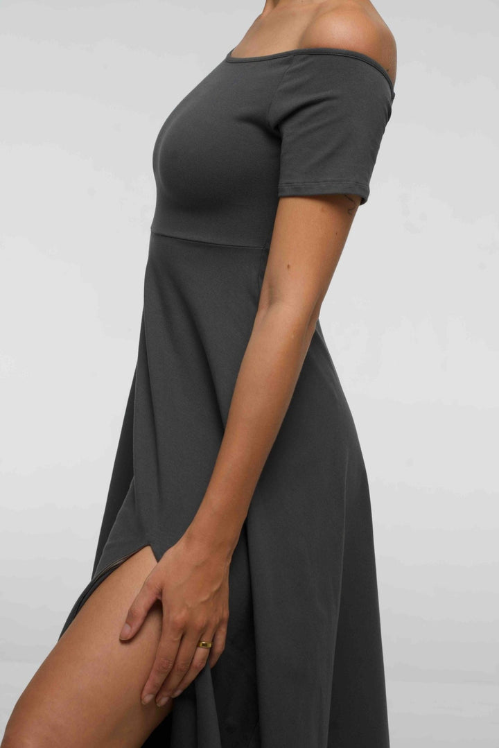 Bardot Dress Midi A - Line (short sleeves) in Grey - Manners London