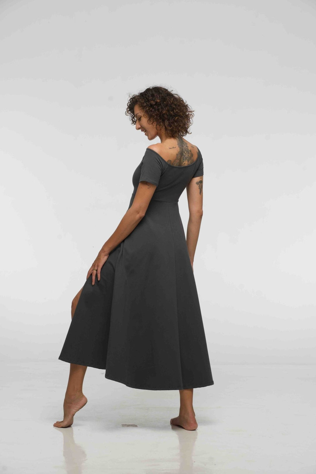 Bardot Dress Midi A - Line (short sleeves) in Grey - Manners London