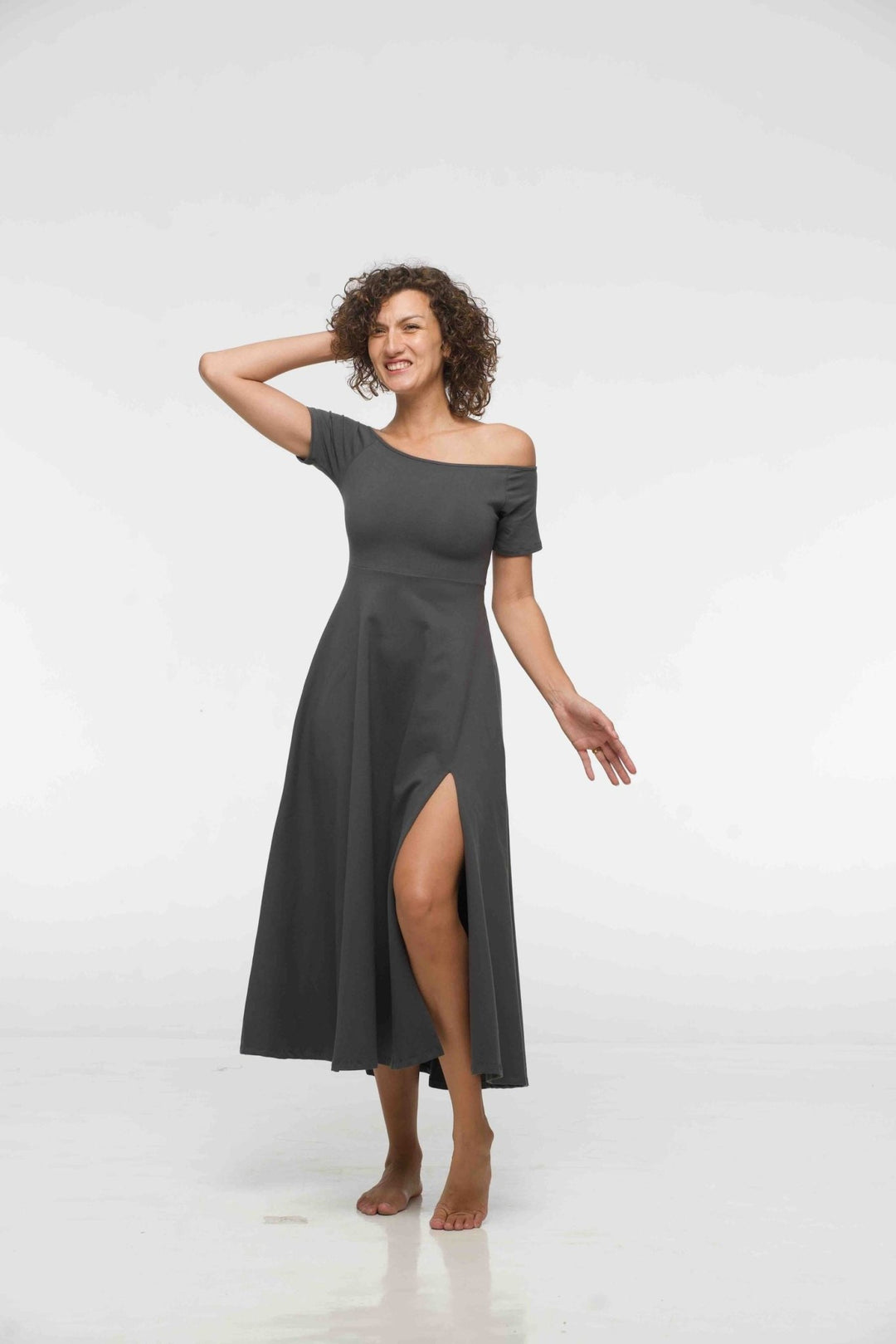 Bardot Dress Midi A - Line (short sleeves) in Grey - Manners London