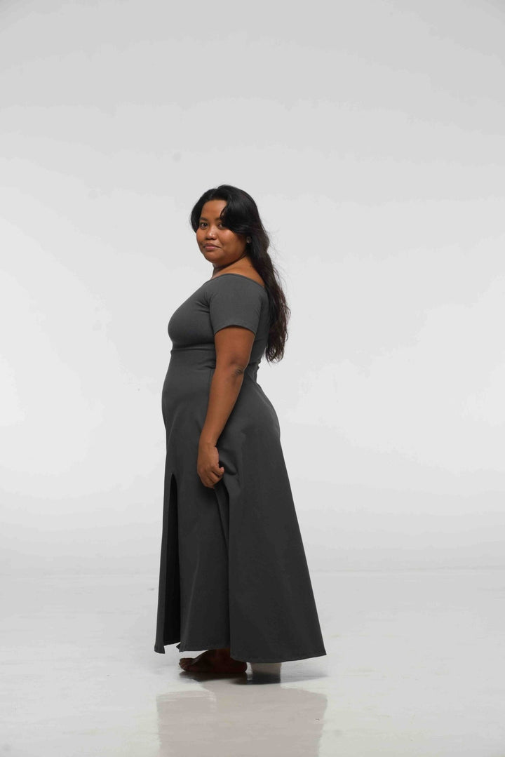 Bardot Dress Midi A - Line (short sleeves) in Grey - Manners London
