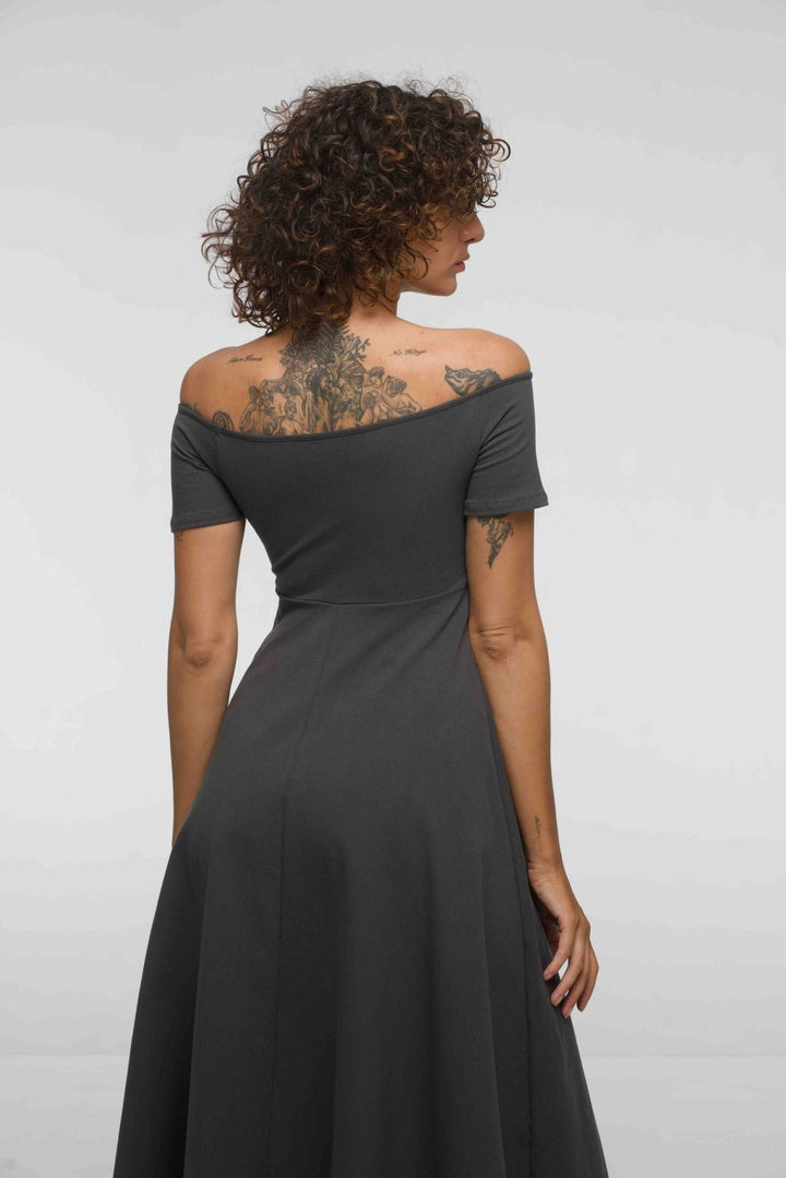 Bardot Dress Midi A - Line (short sleeves) in Grey - Manners London