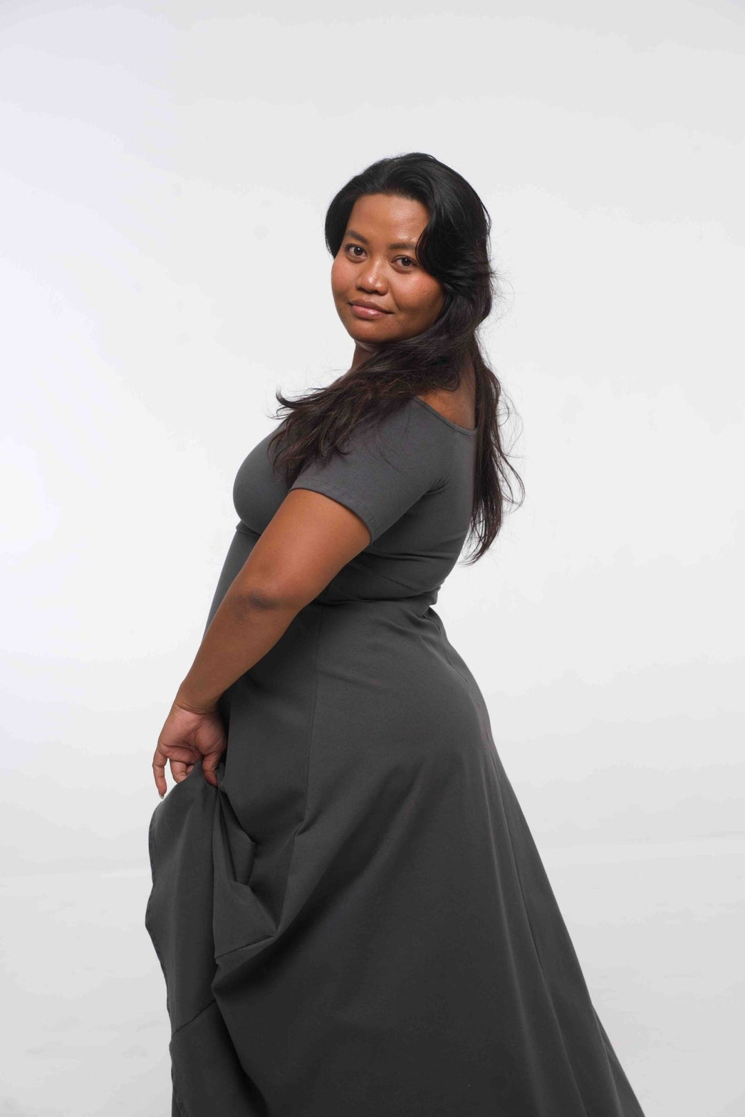 Bardot Dress Midi A - Line (short sleeves) in Grey - Manners London