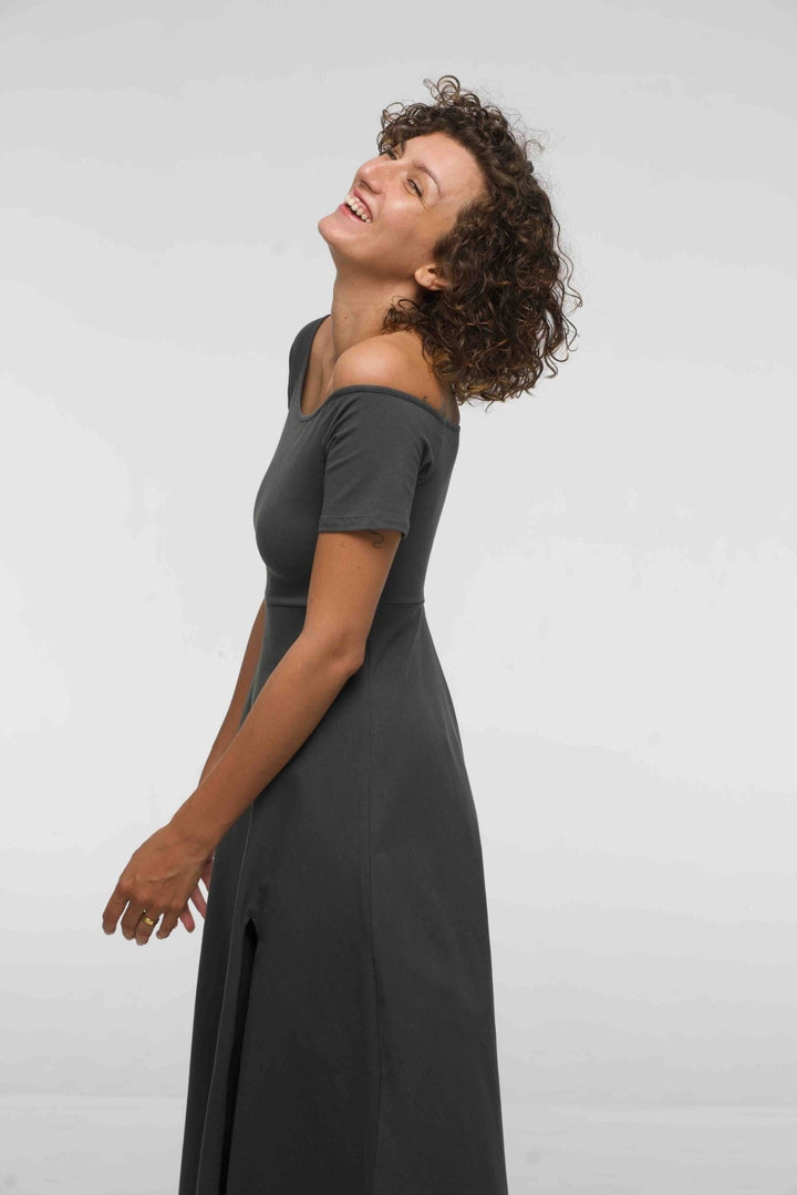 Bardot Dress Midi A - Line (short sleeves) in Grey - Manners London