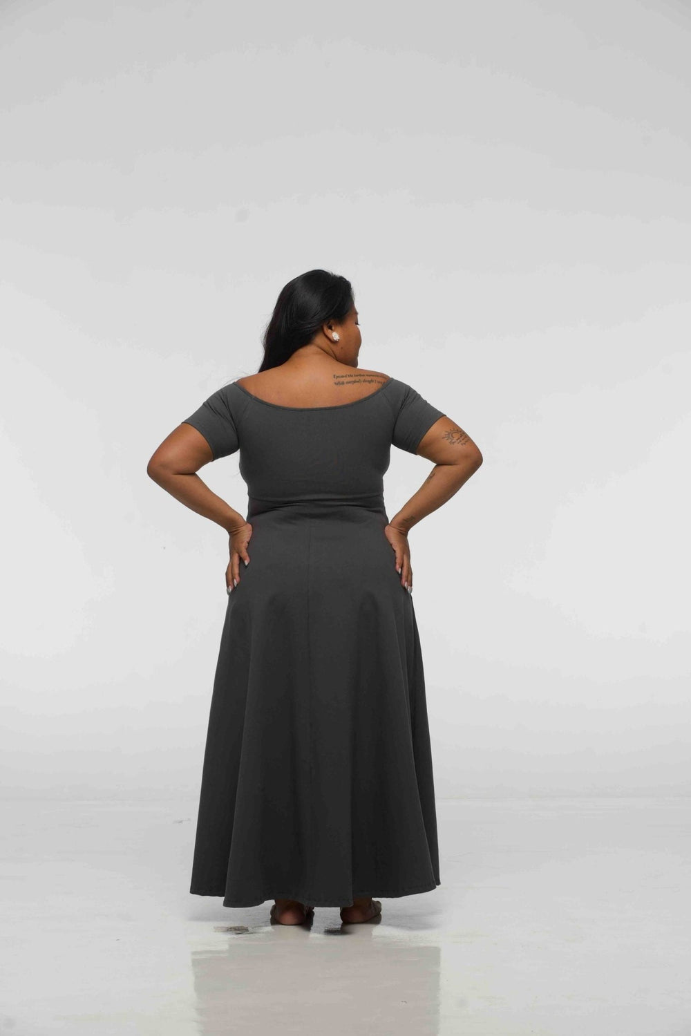 Bardot Dress Midi A - Line (short sleeves) in Grey - Manners London