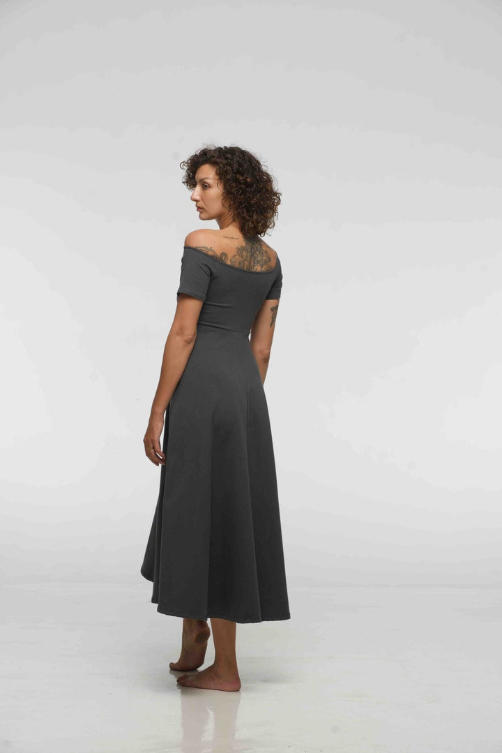 Bardot Dress Midi A - Line (short sleeves) in Grey - Manners London