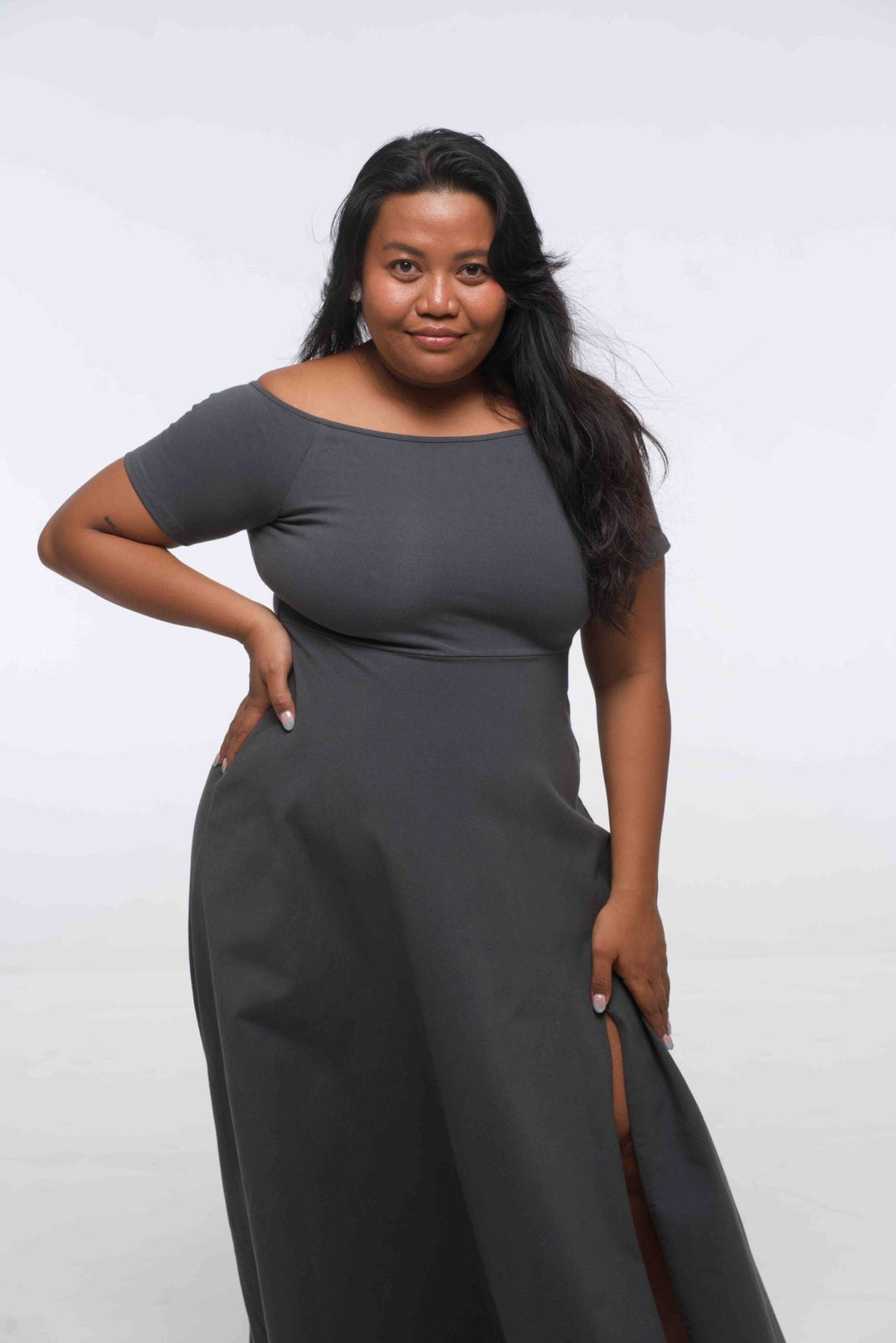 Bardot Dress Midi A - Line (short sleeves) in Grey - Manners London
