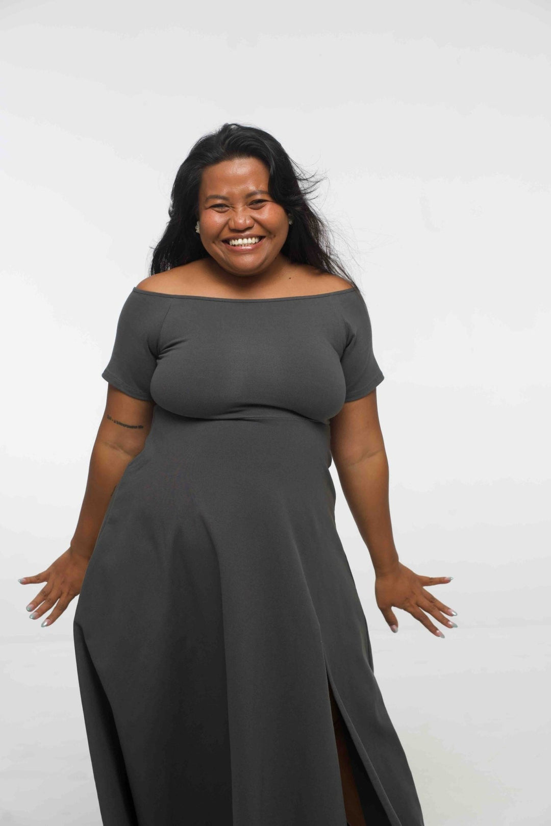 Bardot Dress Midi A - Line (short sleeves) in Grey - Manners London