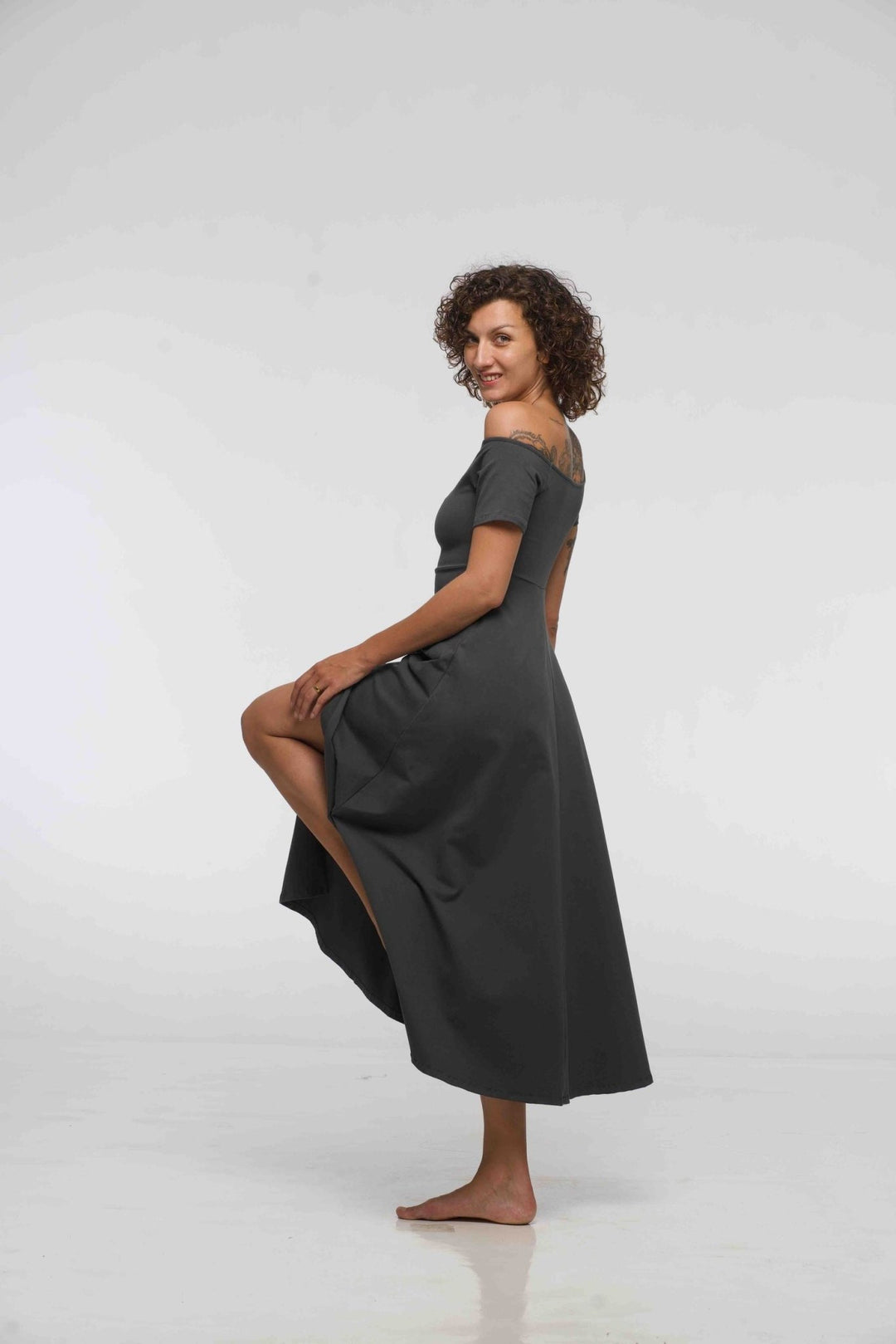 Bardot Dress Midi A - Line (short sleeves) in Grey - Manners London