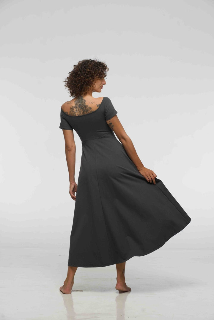Bardot Dress Midi A - Line (short sleeves) in Grey - Manners London