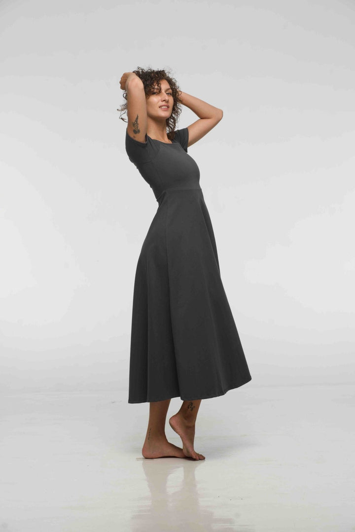 Bardot Dress Midi A - Line (short sleeves) in Grey - Manners London