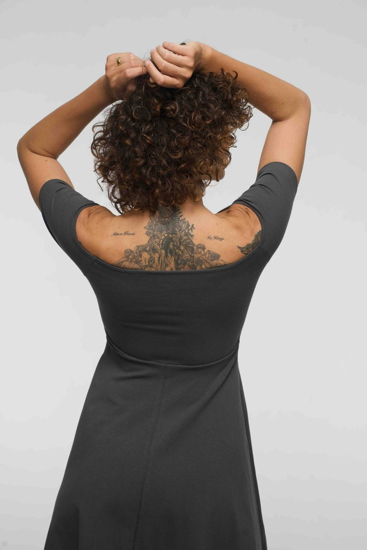 Bardot Dress Midi A - Line (short sleeves) in Grey - Manners London