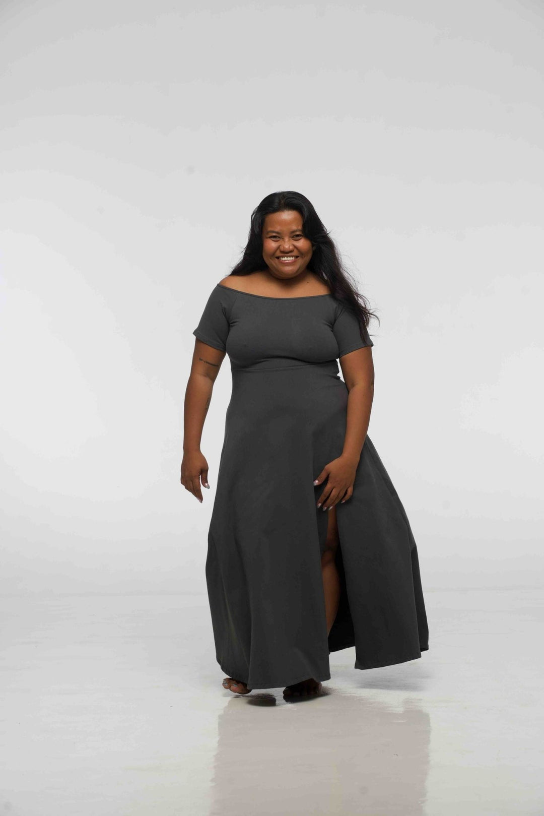 Bardot Dress Midi A - Line (short sleeves) in Grey - Manners London