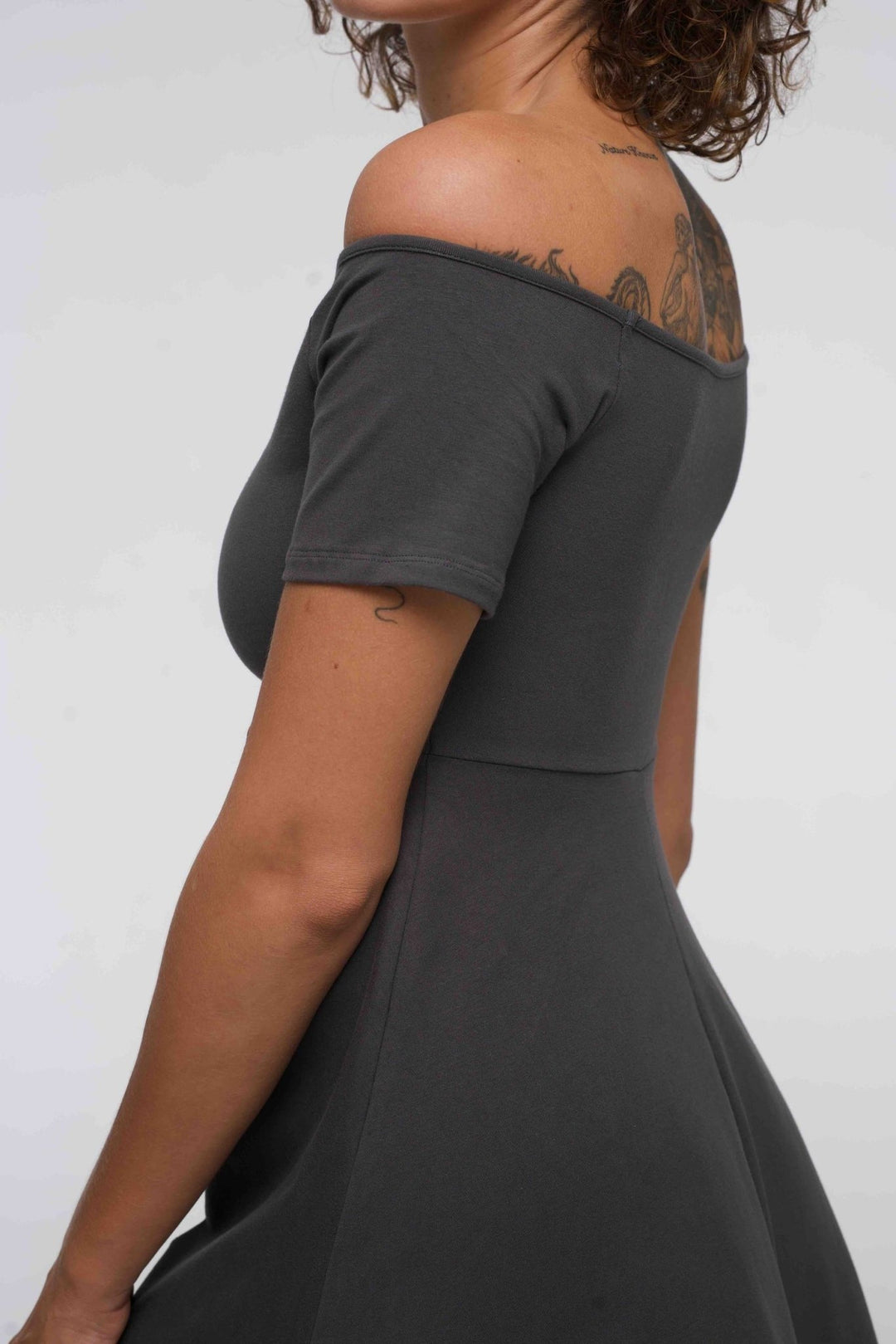 Bardot Dress Midi A - Line (short sleeves) in Grey - Manners London