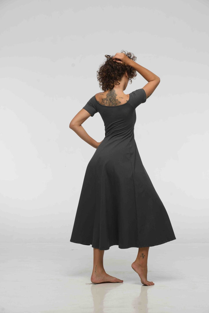 Bardot Dress Midi A - Line (short sleeves) in Grey - Manners London
