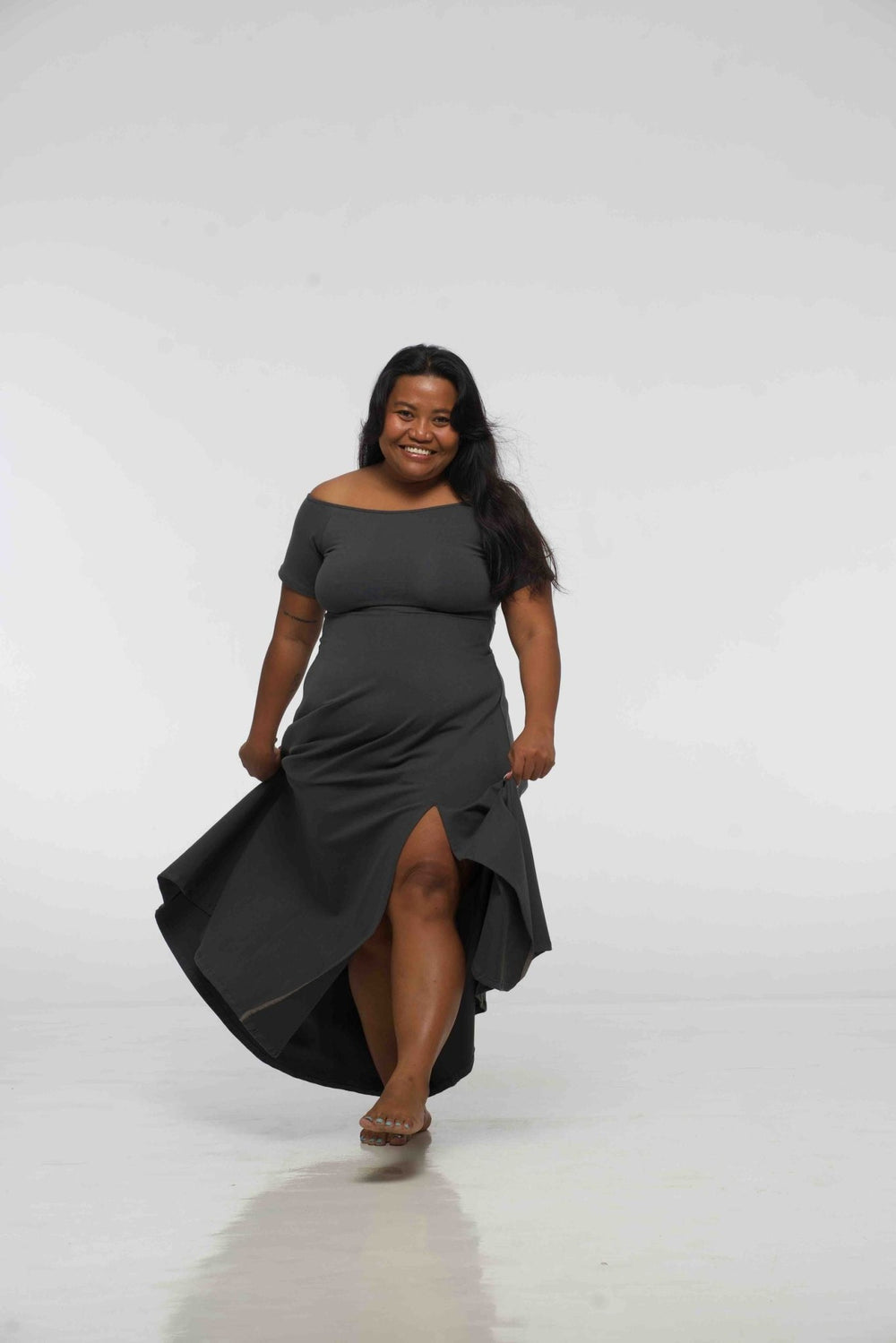 Bardot Dress Midi A - Line (short sleeves) in Grey - Manners London