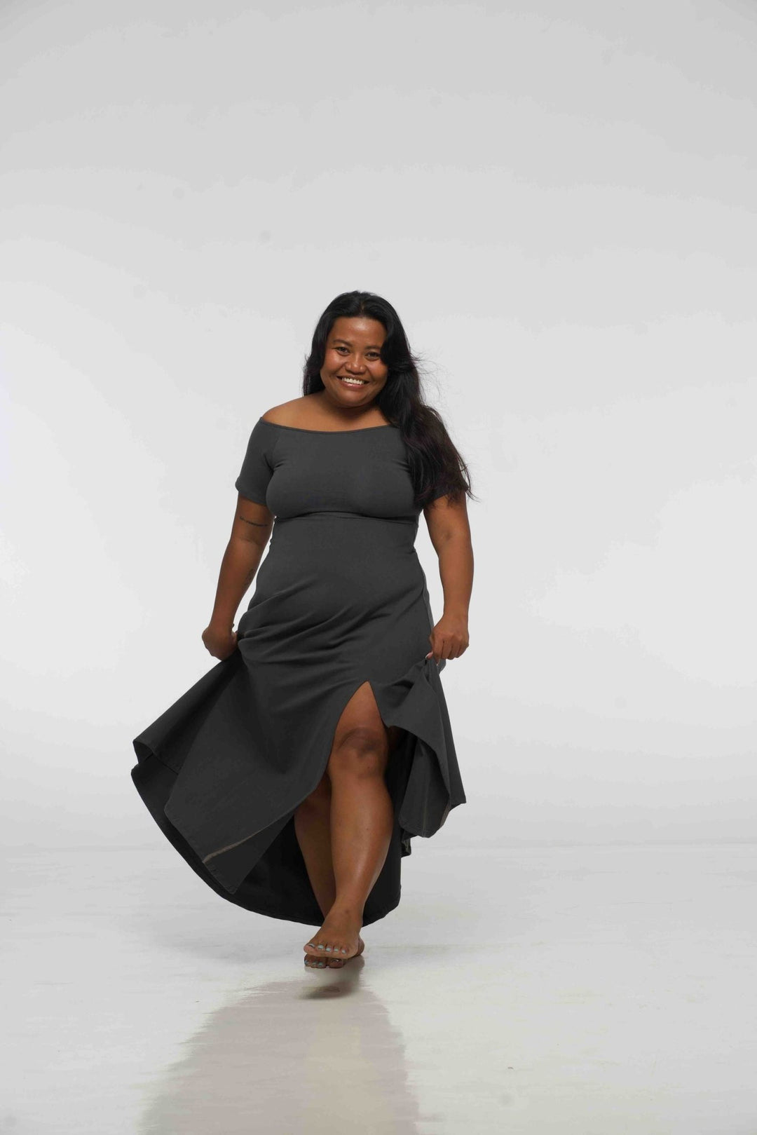 Bardot Dress Midi A - Line (short sleeves) in Grey - Manners London