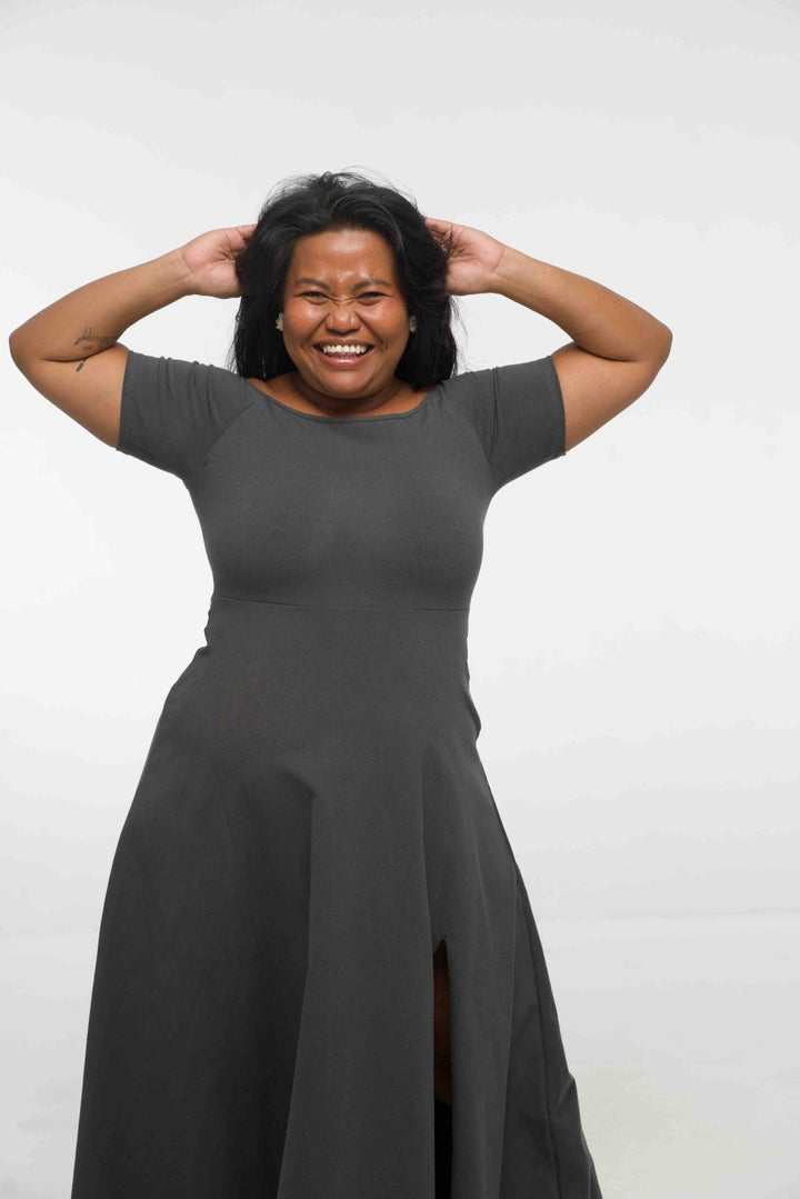 Bardot Dress Midi A - Line (short sleeves) in Grey - Manners London