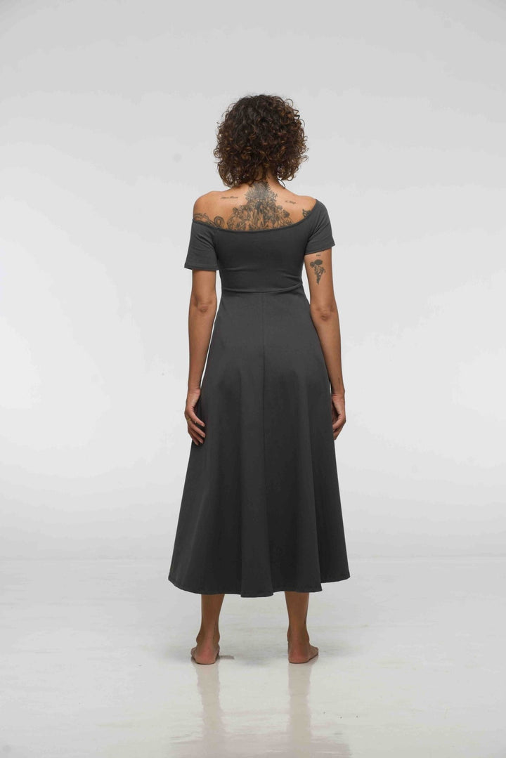 Bardot Dress Midi A - Line (short sleeves) in Grey - Manners London