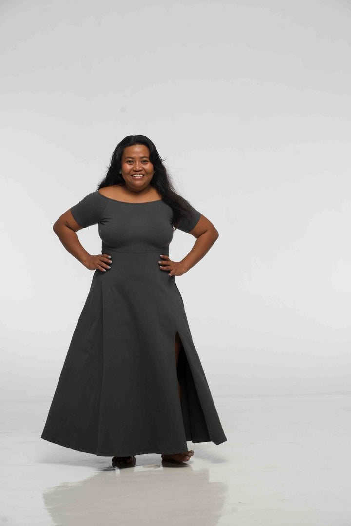 Bardot Dress Midi A - Line (short sleeves) in Grey - Manners London