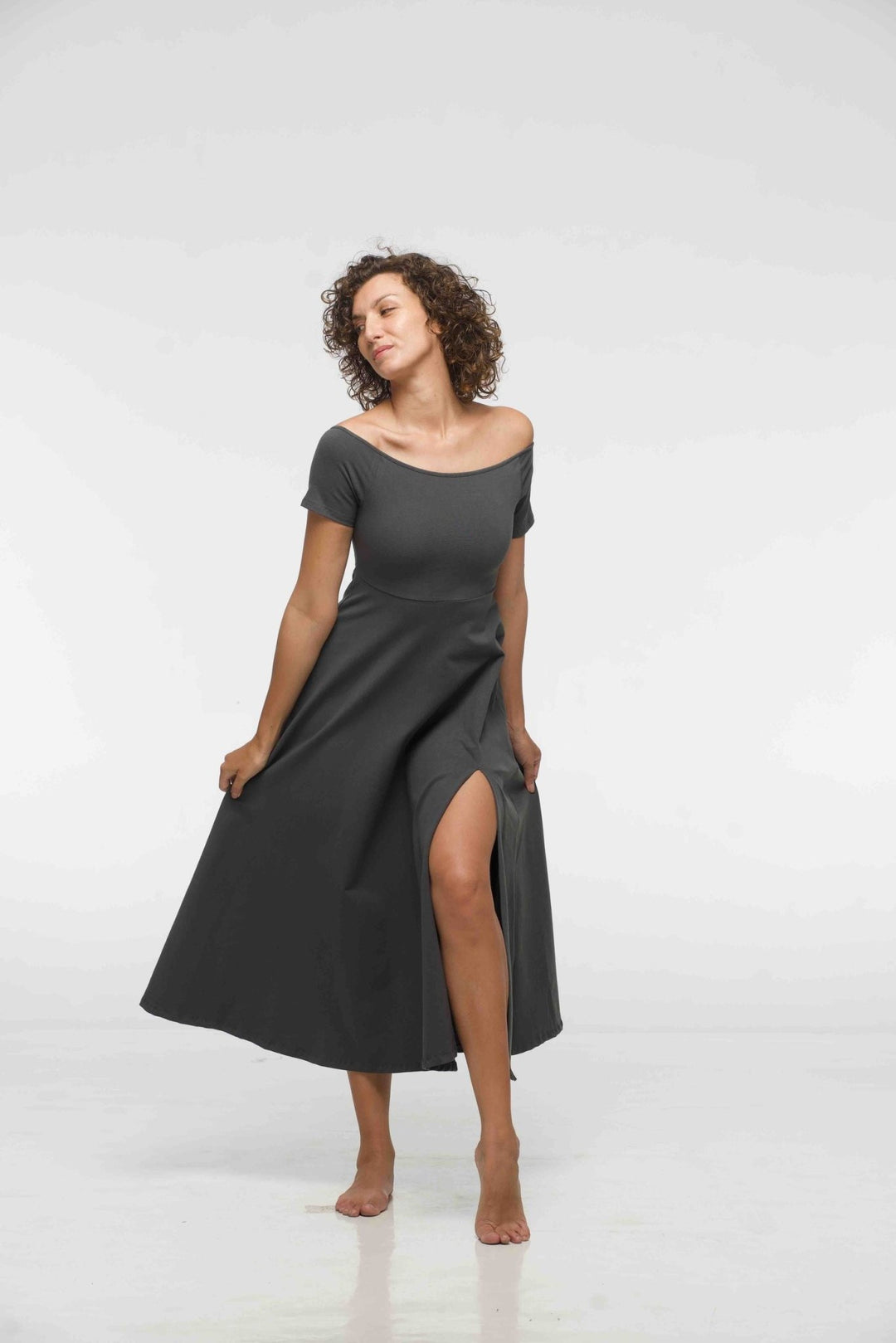 Bardot Dress Midi A - Line (short sleeves) in Grey - Manners London