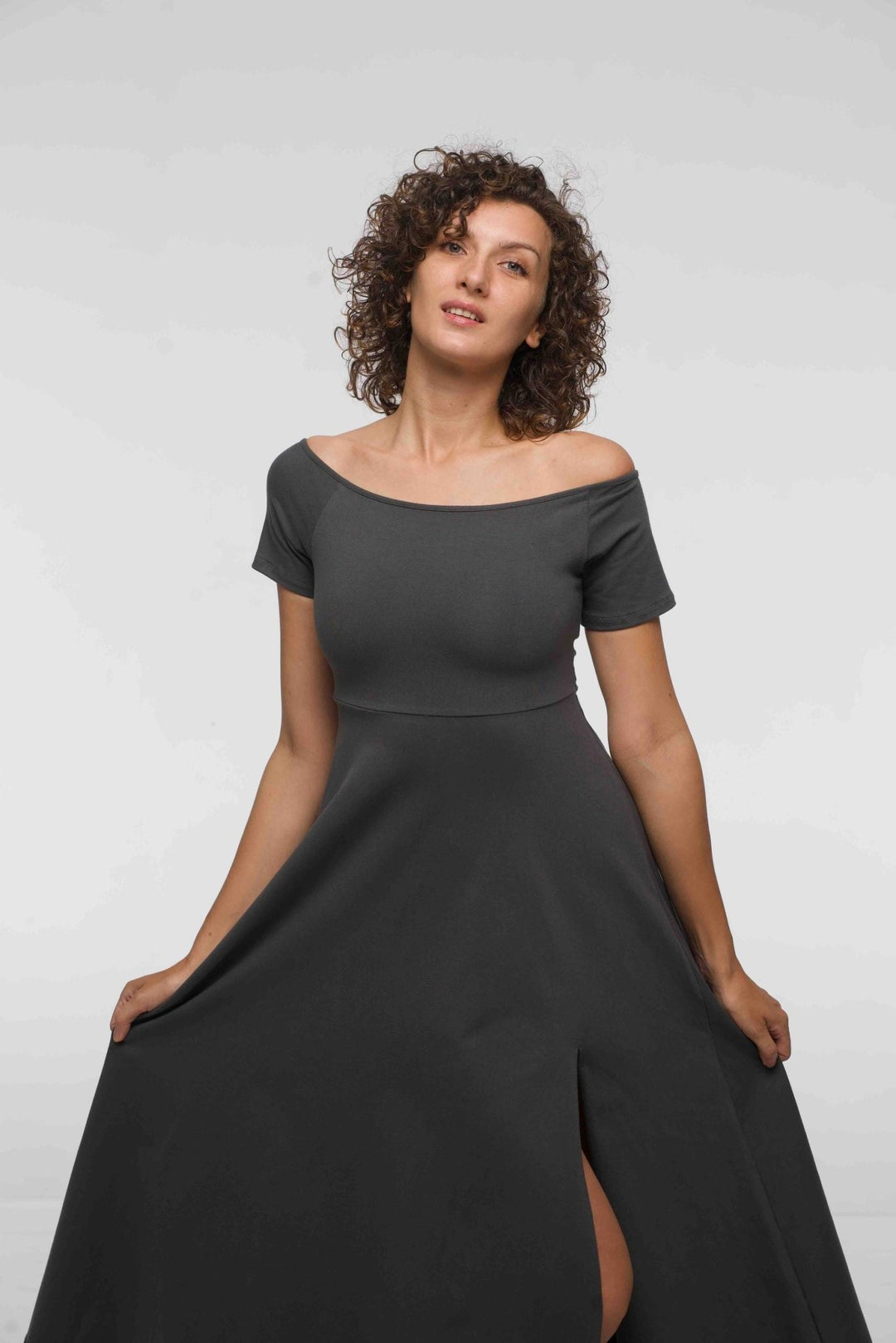 Bardot Dress Midi A - Line (short sleeves) in Grey - Manners London