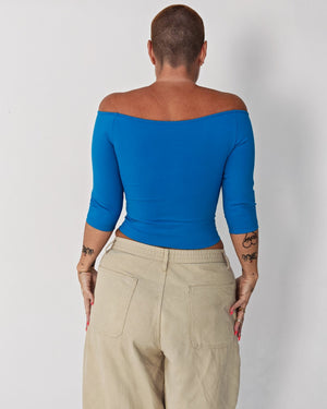 Bardot Mid Crop Top in Mediterranean Blue - Manners London