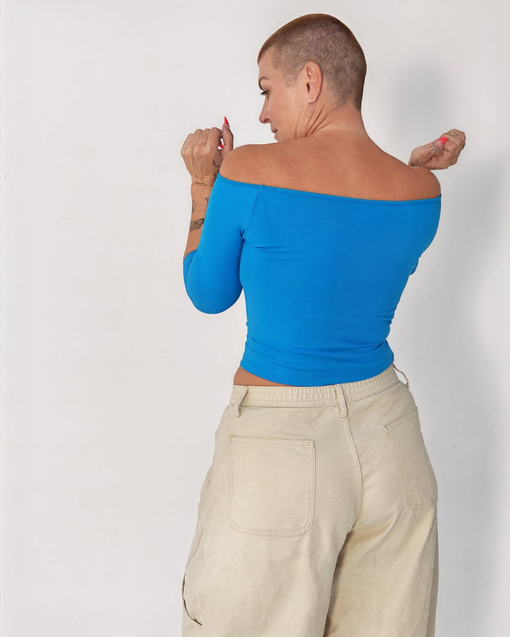 Bardot Mid Crop Top in Mediterranean Blue - Manners London