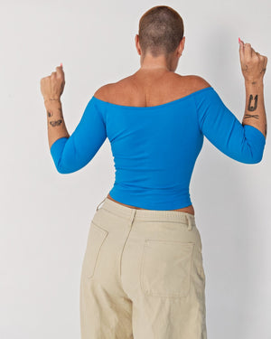 Bardot Mid Crop Top in Mediterranean Blue - Manners London