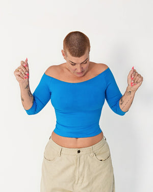 Bardot Mid Crop Top in Mediterranean Blue - Manners London