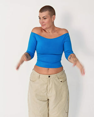 Bardot Mid Crop Top in Mediterranean Blue - Manners London