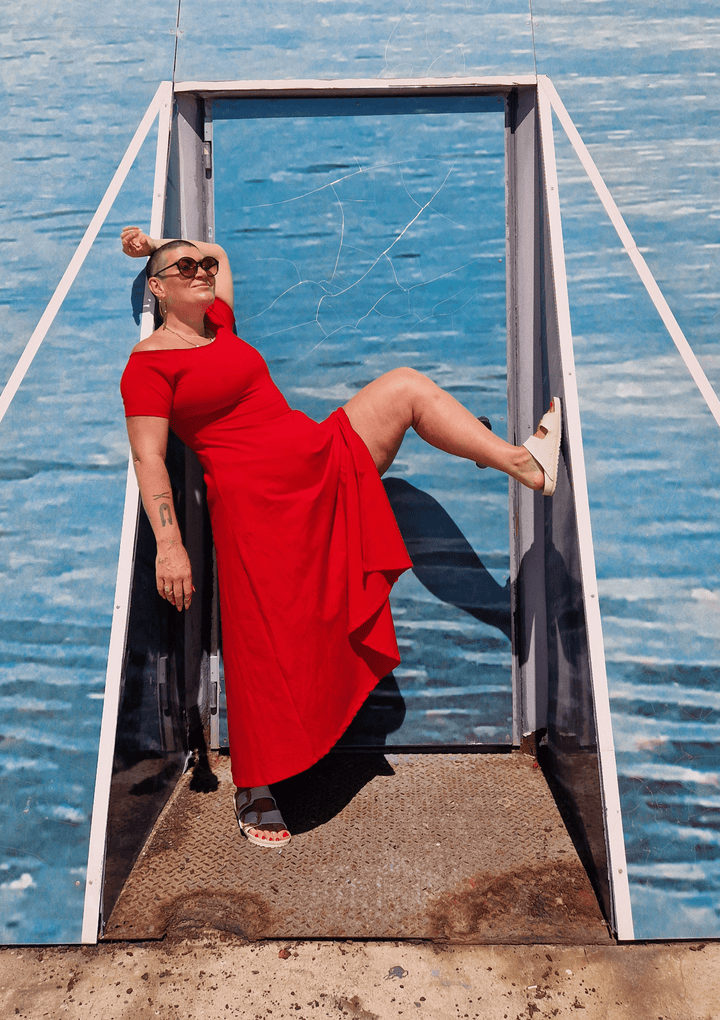 Bardot Midi A - Line Dress in Pomegranate Red - Manners London