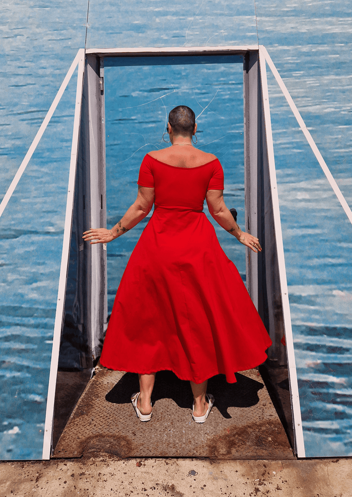 Bardot Midi A - Line Dress in Pomegranate Red - Manners London