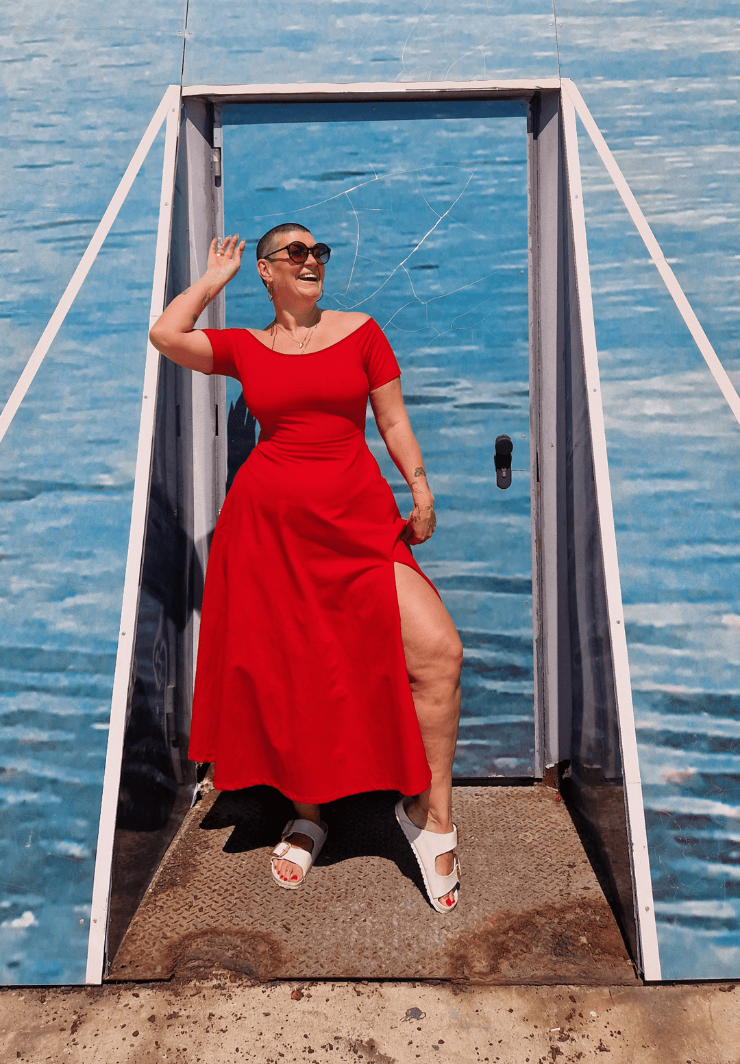 Bardot Midi A - Line Dress in Pomegranate Red - Manners London