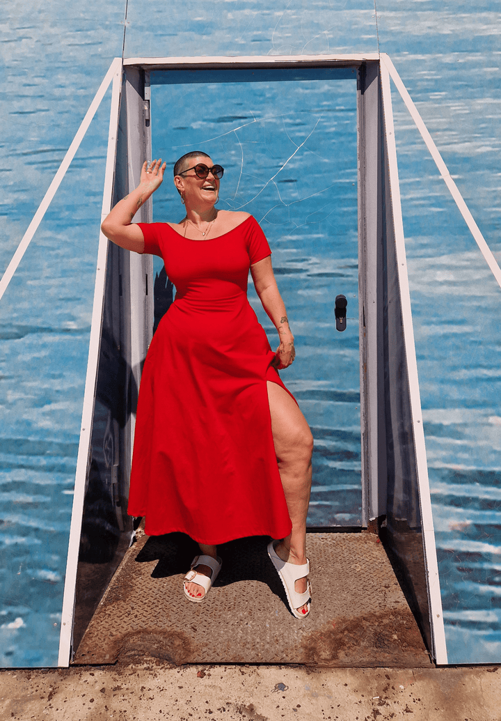 Bardot Midi A - Line Dress in Pomegranate Red - Manners London