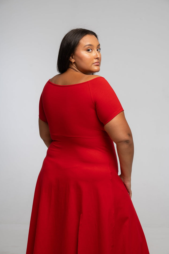 Bardot Midi A - Line Dress in Pomegranate Red - Manners London