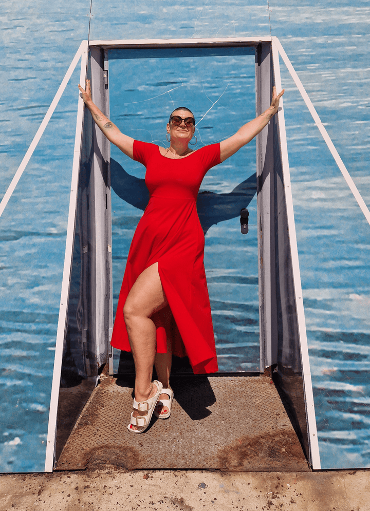 Bardot Midi A - Line Dress in Pomegranate Red - Manners London