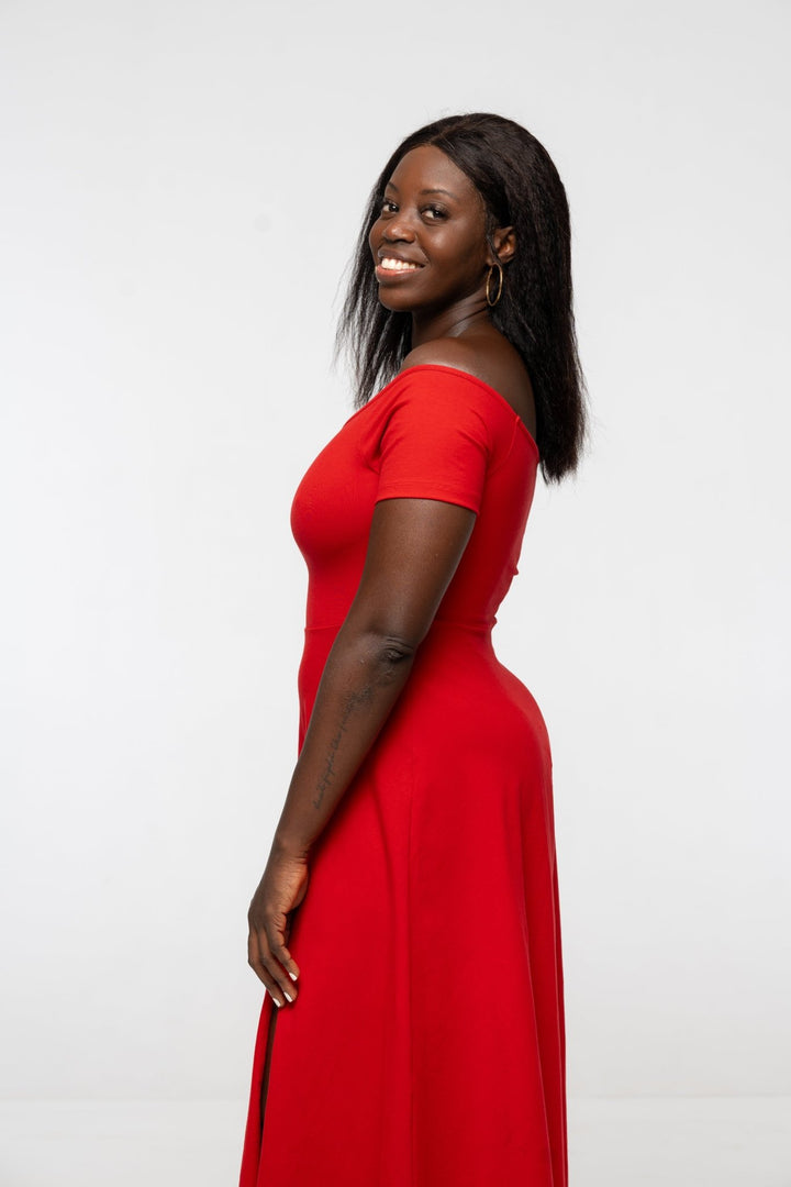 Bardot Midi A - Line Dress in Pomegranate Red - Manners London