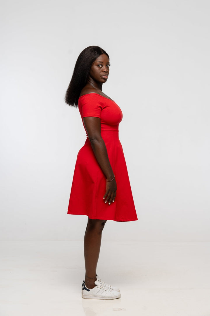 Bardot Mini A - Line Dress short sleeve in Pomegranate Red - Manners London