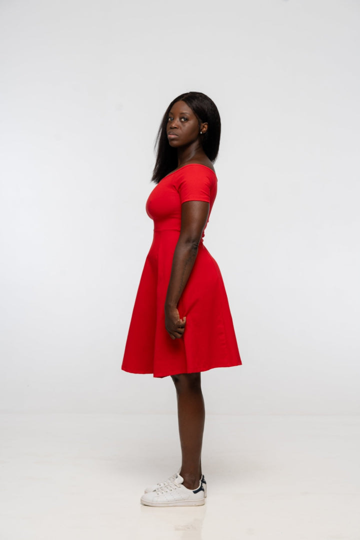 Bardot Mini A - Line Dress short sleeve in Pomegranate Red - Manners London