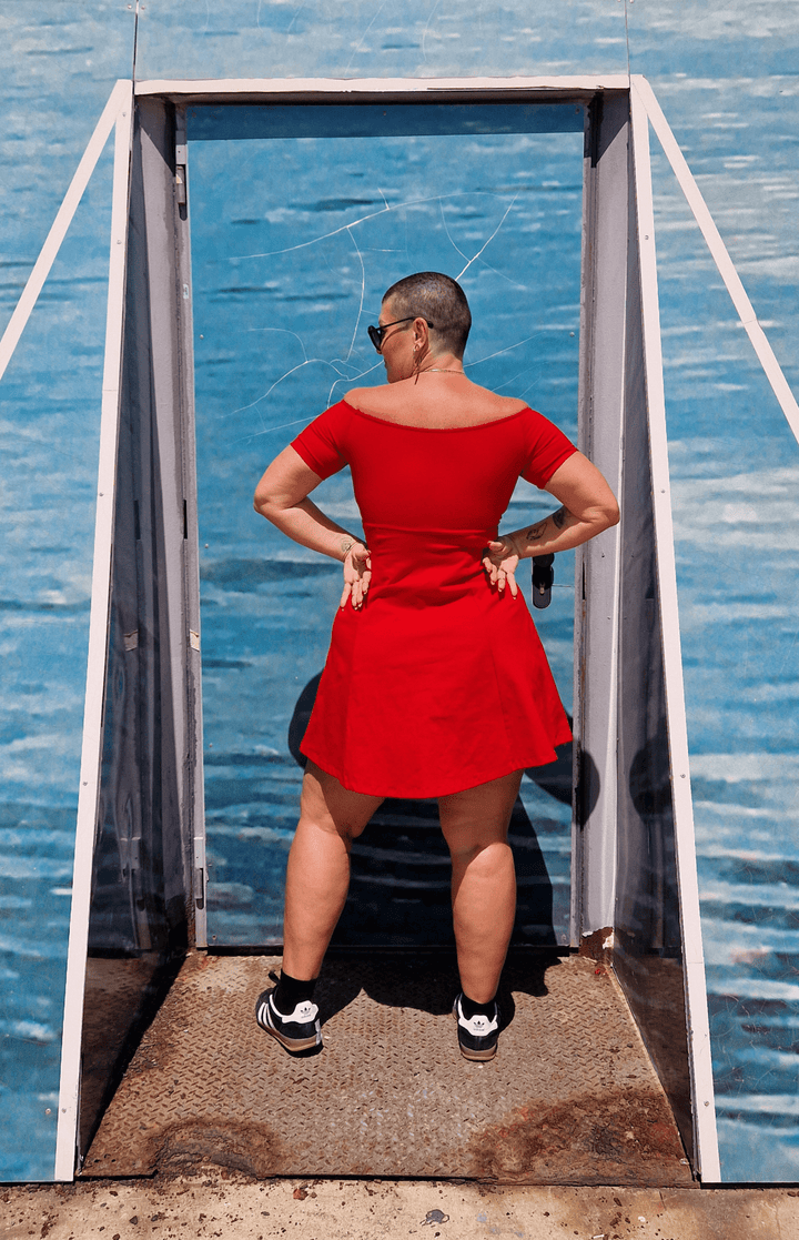 Bardot Mini A - Line Dress short sleeve in Pomegranate Red - Manners London