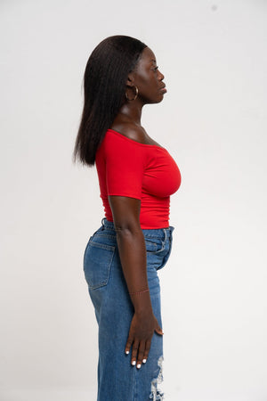 Bardot Short Sleeve Mid Crop Top in Pomegranate Red - Manners London