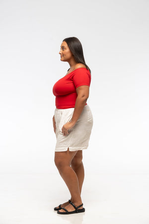 Bardot Short Sleeve Mid Crop Top in Pomegranate Red - Manners London