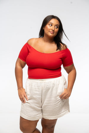 Bardot Short Sleeve Mid Crop Top in Pomegranate Red - Manners London