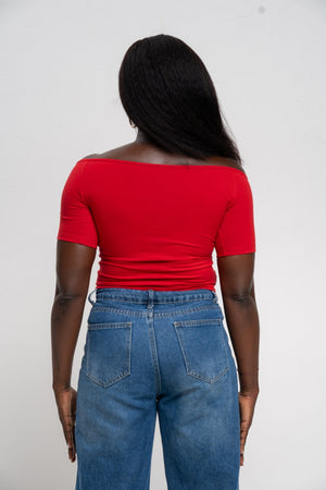 Bardot Short Sleeve Mid Crop Top in Pomegranate Red - Manners London