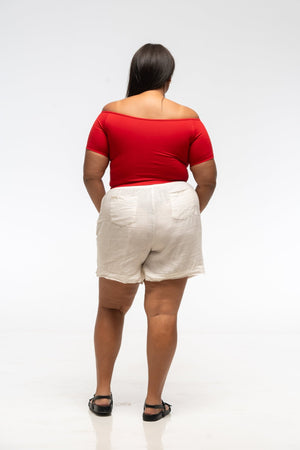 Bardot Short Sleeve Mid Crop Top in Pomegranate Red - Manners London