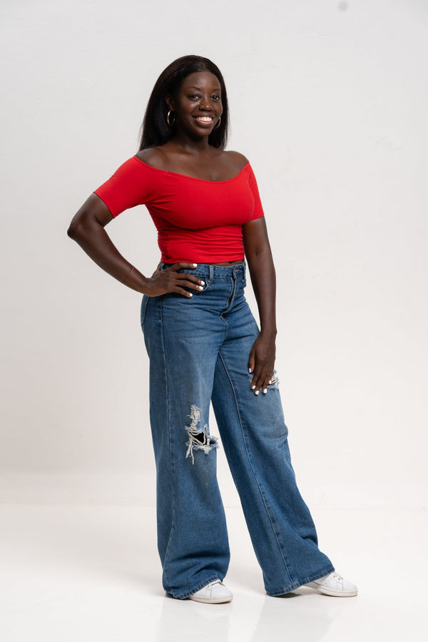 Bardot Short Sleeve Mid Crop Top in Pomegranate Red - Manners London