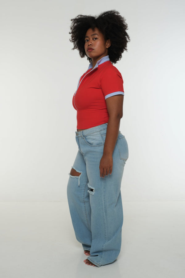 Core ZIP Mid Crop Tee in Red with pastel blue rib - Manners London
