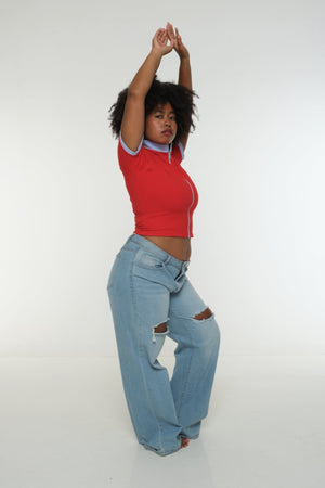 Core ZIP Mid Crop Tee in Red with pastel blue rib - Manners London