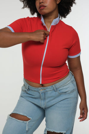 Core ZIP Mid Crop Tee in Red with pastel blue rib - Manners London