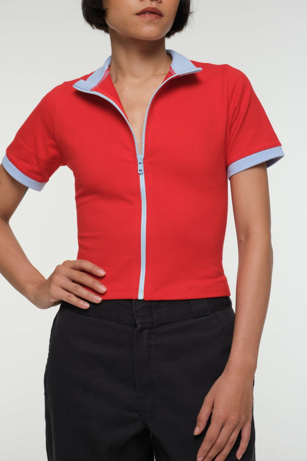 Core ZIP Mid Crop Tee in Red with pastel blue rib - Manners London